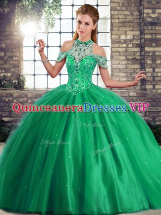 Clearance Green Ball Gowns Beading Quinceanera Gown Lace Up Tulle Sleeveless