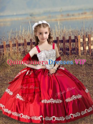 Coral Red Straps Lace Up Beading and Embroidery Little Girls Pageant Dress Wholesale Sleeveless