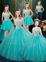 Aqua Blue Tulle Lace Up Sweet 16 Quinceanera Dress Sleeveless Floor Length Lace