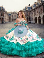 Traditional Ball Gowns Quince Ball Gowns Turquoise Sweetheart Organza and Taffeta Sleeveless Floor Length Lace Up