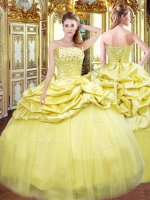 Unique Gold Strapless Lace Up Beading and Pick Ups 15th Birthday Dress Sleeveless