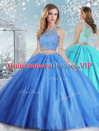 Tulle Scoop Sleeveless Clasp Handle Beading and Sequins Quince Ball Gowns in Baby Blue