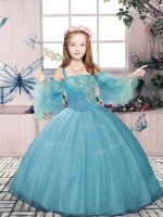 Best Blue Straps Lace Up Beading Pageant Dress Womens Sleeveless