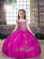 Nice Sleeveless Tulle Floor Length Lace Up Custom Made Pageant Dress in Fuchsia with Beading and Appliques