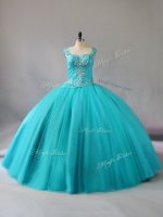 Chic Straps Sleeveless 15 Quinceanera Dress Floor Length Beading Aqua Blue Tulle