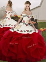 Fashion White And Red Ball Gowns Off The Shoulder Sleeveless Tulle Floor Length Lace Up Embroidery and Ruffles 15th Birthday Dress