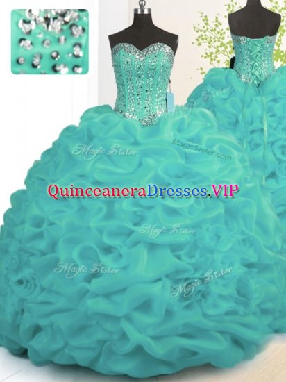 Turquoise Organza Lace Up 15th Birthday Dress Sleeveless With Brush Train Beading and Ruffles - Click Image to Close