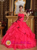 Cedar Hill TX Felsted East Anglia Beautiful Appliques Decorate Bodice Red Quinceanera Dress Sweetheart Floor-length Organza ruffles Ball Gown(SKU QDZY317y-3BIZ)
