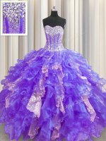 Suitable Visible Boning Purple Ball Gowns Organza and Sequined Sweetheart Sleeveless Beading and Ruffles and Sequins Floor Length Lace Up Quinceanera Gowns