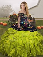 Simple Olive Green Ball Gowns Off The Shoulder Sleeveless Organza Floor Length Lace Up Embroidery and Ruffles Quinceanera Gowns(SKU SJQDDT2155002-1BIZ)