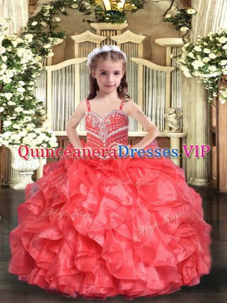 Coral Red Ball Gowns Straps Sleeveless Organza Floor Length Lace Up Beading and Ruffles Little Girls Pageant Dress