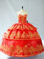 Latest Red Ball Gowns Embroidery and Ruffled Layers Vestidos de Quinceanera Lace Up Satin and Organza Sleeveless Floor Length