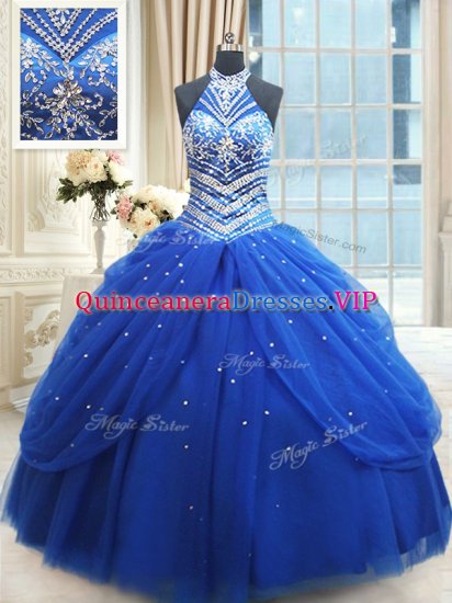 Pick Ups Floor Length Royal Blue Quinceanera Gowns Halter Top Sleeveless Lace Up - Click Image to Close
