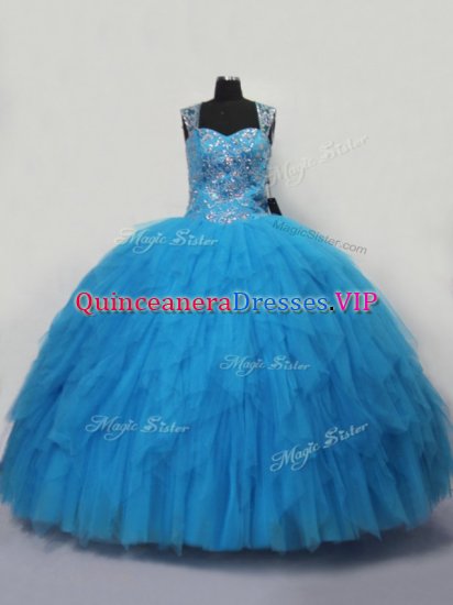 Blue Lace Up Quinceanera Dress Beading and Ruffles Sleeveless Floor Length - Click Image to Close