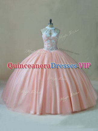 Luxury Peach Ball Gowns Tulle Halter Top Sleeveless Beading and Lace Floor Length Lace Up Sweet 16 Dress