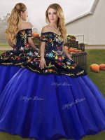 Fashion Off The Shoulder Sleeveless Lace Up Sweet 16 Dress Royal Blue Tulle