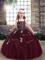 Perfect Burgundy Ball Gowns Straps Sleeveless Tulle Floor Length Lace Up Beading and Appliques Little Girls Pageant Gowns(SKU PAG1251-4BIZ)