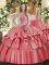 Flare Coral Red Lace Up Quinceanera Gown Beading and Ruffled Layers Sleeveless Floor Length