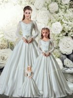 White Quinceanera Dresses V-neck Long Sleeves Chapel Train Lace Up