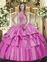 High End Organza and Taffeta High-neck Sleeveless Lace Up Beading and Ruffled Layers Quinceanera Dress in Lilac