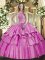 High End Organza and Taffeta High-neck Sleeveless Lace Up Beading and Ruffled Layers Quinceanera Dress in Lilac