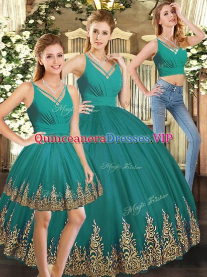 Turquoise Three Pieces Embroidery Quinceanera Gown Backless Tulle Sleeveless Floor Length - Click Image to Close
