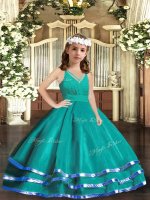 Tulle V-neck Sleeveless Zipper Ruffled Layers Kids Pageant Dress in Turquoise