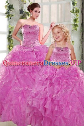 Beading and Ruffles Ball Gown Prom Dress Lilac Lace Up Sleeveless Floor Length