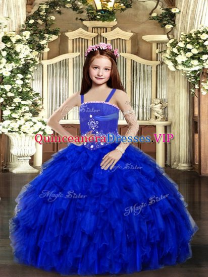 Ball Gowns Child Pageant Dress Royal Blue Straps Tulle Sleeveless Floor Length Lace Up - Click Image to Close