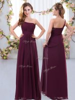 One Shoulder Sleeveless Quinceanera Court of Honor Dress Floor Length Ruching Burgundy Chiffon