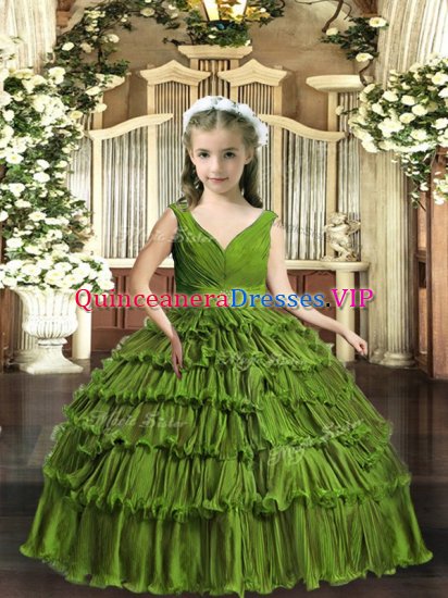 Ball Gowns Girls Pageant Dresses Olive Green V-neck Sleeveless Floor Length Backless - Click Image to Close