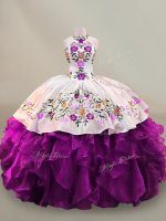 Embroidery Quince Ball Gowns Purple Lace Up Sleeveless Floor Length