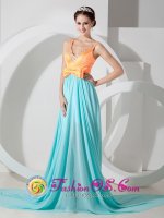 Sarasota FL Unique Aqua Blue and Orange Empire V-neck Brush Train Chiffon Beading Quinceanera Dama Dress With Knotbow