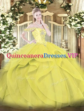 Delicate Yellow Tulle Lace Up 15th Birthday Dress Sleeveless Floor Length Beading and Ruffles