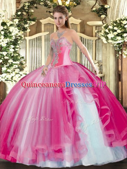 Most Popular Hot Pink Lace Up Sweetheart Beading and Ruffles Sweet 16 Quinceanera Dress Tulle Sleeveless - Click Image to Close