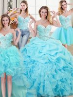 Glittering Four Piece Sleeveless Floor Length Beading and Ruffles and Pick Ups Lace Up Ball Gown Prom Dress with Aqua Blue