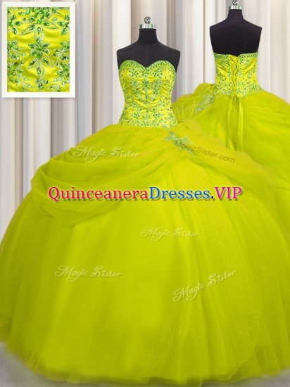 Modest Really Puffy Floor Length Yellow Green Quinceanera Gown Tulle Sleeveless Beading - Click Image to Close