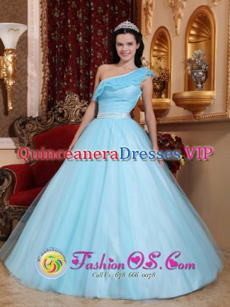 Stylish Light Blue Princess Quinceanera Dress For Sweet 16 With One Shoulder Neckline In Lenexa Kansas/KS