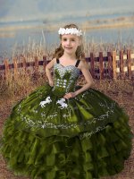 Best Sleeveless Organza Floor Length Lace Up Kids Pageant Dress in Olive Green with Embroidery and Ruffled Layers