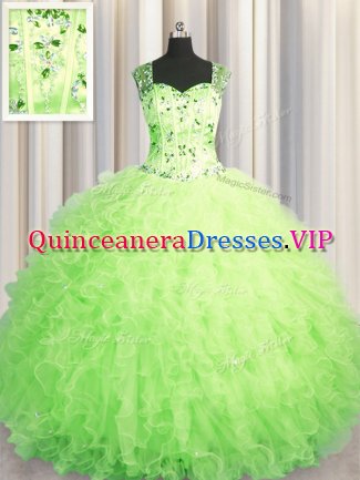 See Through Zipper Up Green Sleeveless Floor Length Beading and Ruffles Zipper Sweet 16 Dress