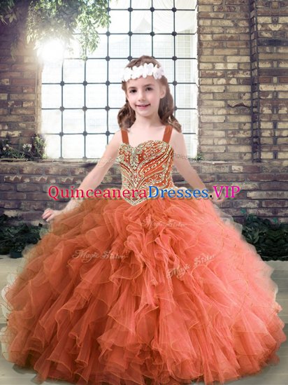 Graceful Rust Red Lace Up Straps Beading and Ruffles Pageant Dress for Womens Tulle Sleeveless - Click Image to Close