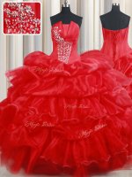 Floor Length Red Ball Gown Prom Dress Organza Sleeveless Beading and Pick Ups