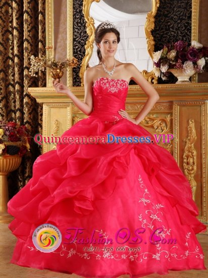 Quibdo colombia Princess Strapless Embeoidery Decorate New Arrival Coral Red Sweet 16 Quinceanera Dress - Click Image to Close