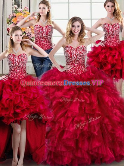 Flirting Four Piece Red Sweetheart Neckline Beading and Ruffles Sweet 16 Dresses Sleeveless Lace Up - Click Image to Close