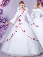 Pretty High-neck Long Sleeves Quince Ball Gowns Floor Length Embroidery and Hand Made Flower White Tulle and Lace