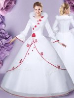 Pretty High-neck Long Sleeves Quince Ball Gowns Floor Length Embroidery and Hand Made Flower White Tulle and Lace(SKU XFQD1348BIZ)