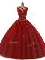 Traditional Wine Red Scoop Lace Up Beading and Lace Quinceanera Gown Sleeveless