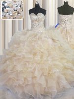 New Style Champagne Ball Gowns Sweetheart Sleeveless Organza Floor Length Lace Up Beading and Ruffles Quinceanera Dress