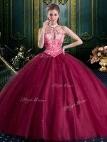 Wonderful Halter Top High-neck Sleeveless Lace Up Sweet 16 Dress Burgundy Tulle
