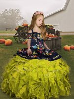 Green Lace Up Straps Embroidery and Ruffles Little Girl Pageant Gowns Organza Sleeveless